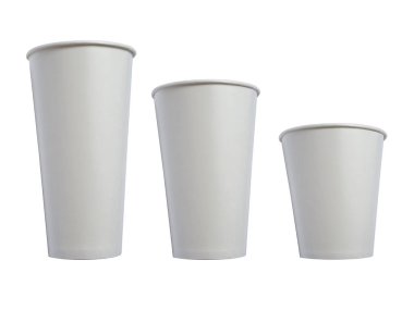 Beyaz kağıt bardak şablonu üç boyutta. İzole edilmiş, büyük ve küçük olarak kes.