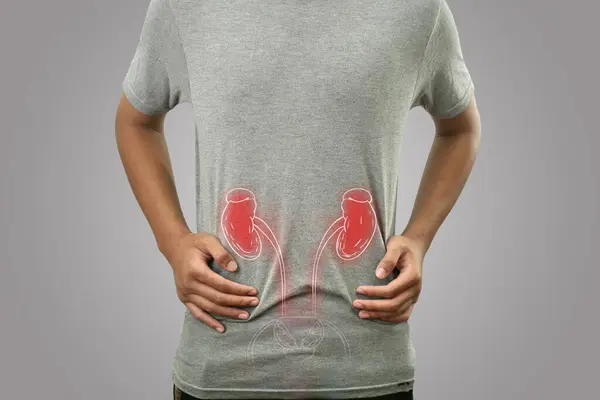 Digitale Samenstelling Van Interne Nier Gemarkeerd Rode Ontsteking Zieke Persoon — Stockfoto