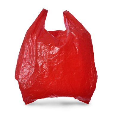 Kırmızı plastik torba izole edilmiş, çevresel sorun kavramı