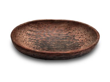 Tahta desenli tepsi, hindistan cevizi ağacından yapılmış, beyaz üzerine izole edilmiş.