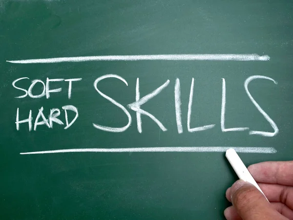 Soft and hard skills, word text written on chalkboard, life and business terms concept