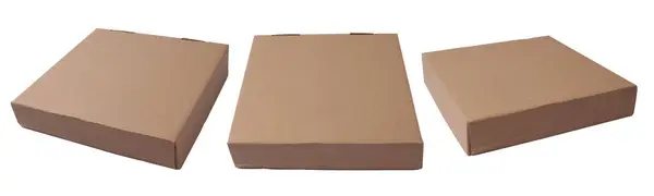 Set Sammlung Von Flachen Quadratischen Pizzakartonattrappe Vorlage Isoliert Ausgeschnitten — Stockfoto