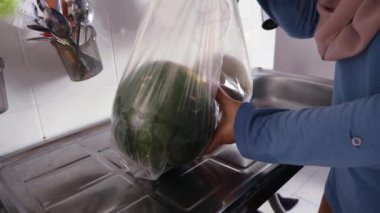 Asyalı Müslüman kadın içinde taze meyveler olan bakkal poşeti tutuyor, karpuz karpuz elması ve mango alıyor.