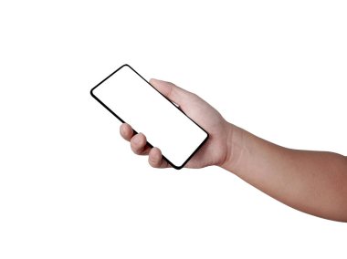 Boş akıllı telefon, telefon şablonu modeli, izole edilmiş beyaz üzerinde kesilen erkek elini kapat