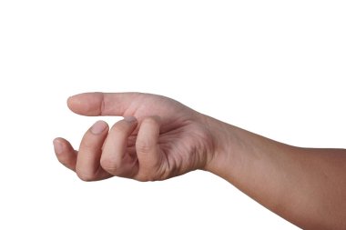 Erkek insan eli boş bir şey tutar, beyaz üzerinde izole edilmiş olarak kesilir.