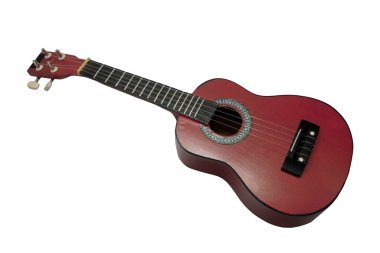 Kahverengi dört telli ukulele gitar, müzik aleti, beyaz üzerine izole edilmiş.