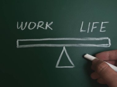 İş hayatı dengesi, karatahtaya yazılmış kelime metni, motivasyon verici alıntı kavramı