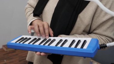 Piyanik çalan isimsiz bir kadın, melodi org enstrümanı çalıyor