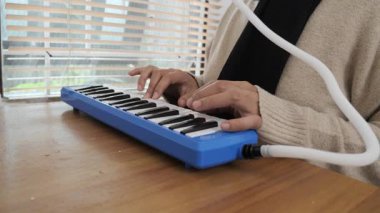 Asya 'lı Müslüman kadın tesettüre girmiş piyano çalıyor, melodi üfleme organı enstrümanı çalıyor