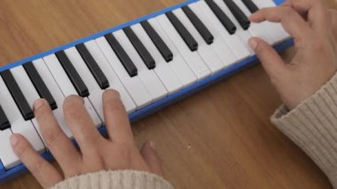 Piyanik çalan isimsiz bir kadın, melodi org enstrümanı çalıyor