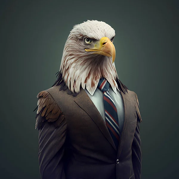 Eagle character in tuxedo. On a beautiful plain background, a man with the head of an eagle griffin looks proudly forward