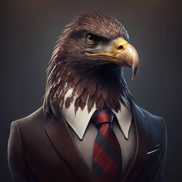 Eagle character in tuxedo. On a beautiful plain background, a man with the head of an eagle griffin looks proudly forward