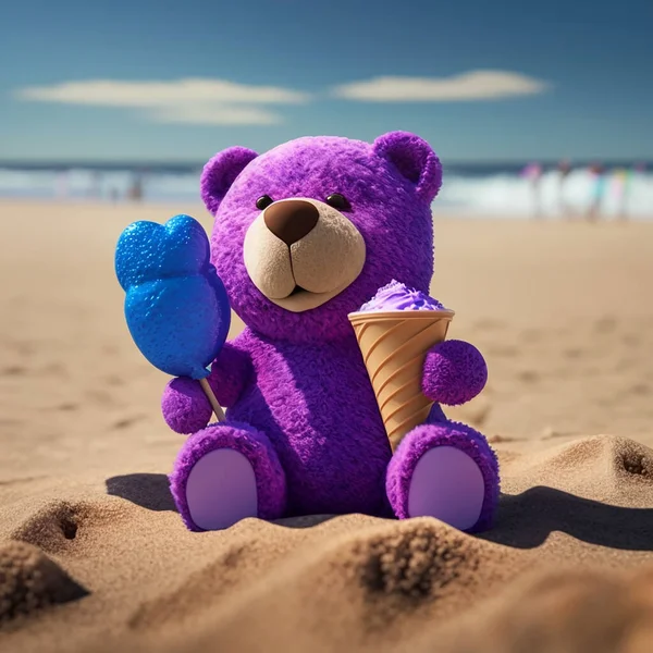 Στην Παραλία Ένα Αρκουδάκι Μωβ Χρώμα Παγωτό Τρώει Και Κάνει — Φωτογραφία Αρχείου