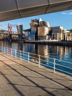 Guggenheim Müzesi Bilbao köprüyle çerçevelenmiş suya yansıdı