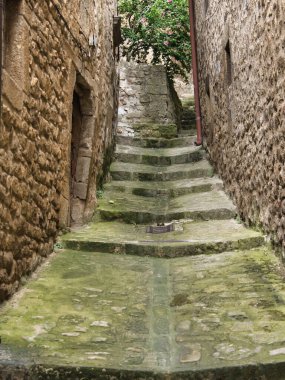 Taş Duvarlar Arasındaki Dar Ambar Adımları - Dik, dar kaldırım taşı basamakları ve eski bir Avrupa köyünün antik taş duvarları arasında yükselen yosunlu bir yol.