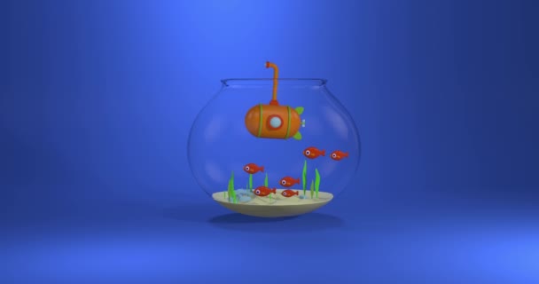 动漫动漫的橙色和绿色的潜水艇和鱼 海草在蓝色背景的鱼缸 夏季动画 3D渲染 — 图库视频影像