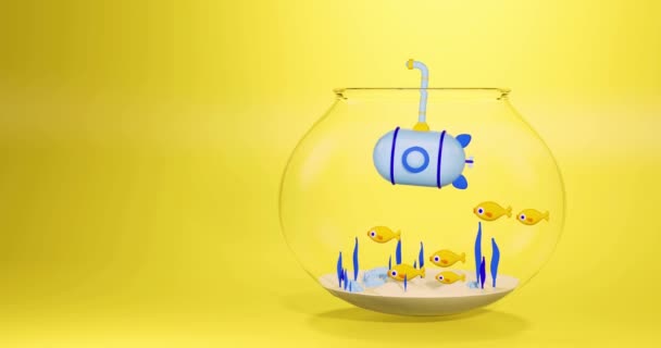 动画片动画片中的蓝色潜水艇和鱼 黄底鱼缸中的海藻 乌克兰色彩的黄色和蓝色夏季动画 3D渲染 — 图库视频影像