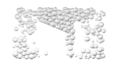 Toplarla soyut müzik düğmesi animasyonu. Siyah ve beyaz hareketli grafikler, sonuna kadar bir oyun işareti oluşturan toplar şeklinde, ses ve video oyununun simgesi, 3D görüntüleme