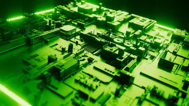 Green technological background of the abstract computer motherboard, can be used in the description of technological processes, science, education. Digital dynamic wallpaper. 3d rendering