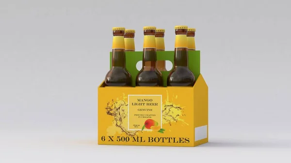 Confezione Sei Bottiglie Birra Mango Con Etichetta Gialla Birre Frutta — Foto Stock