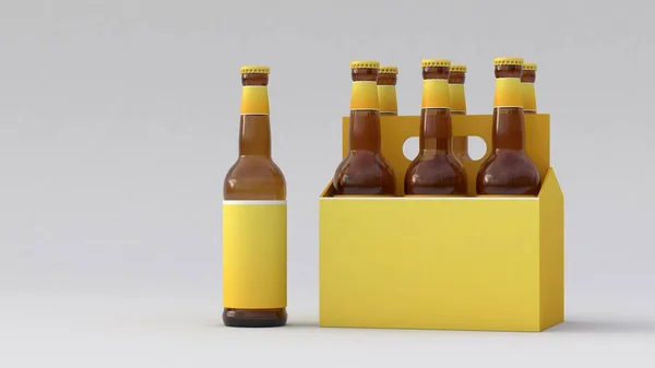Pack of six beer bottles with ampty yellow label plus one bottle, yellow sixpack beers isolated on white background with shadows, 3d rendering, unique design of label