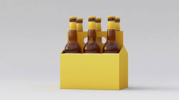 淡い黄色のラベルを持つ6本のビールボトル 3Dレンダリング ラベルのユニークなデザインと白い背景に隔離された黄色の6パックビールのパック — ストック写真