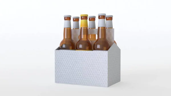 Creative Six Embalar Garrafas Cerveja Com Rótulo Branco Vazio Isolado — Fotografia de Stock