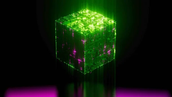 黑色背景上的科幻立方体的绿色和粉色光芒 未来主义抽象背景 数字绿色立方体 3D渲染 — 图库照片