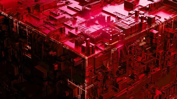 黑色背景上的红色科幻立方体近景 未来主义抽象背景 数字立方体 3D渲染 — 图库照片
