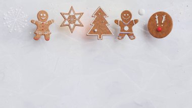 Beyaz zemin üzerinde kar taneleri olan Noel kurabiyeleri. Metnin için boş yer. 3B görüntüleme. 