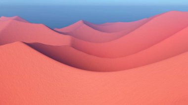 Flamingo renginde fantezi çöl manzarası ve mavi gökyüzü sisli, çöl kumullarından oluşan harika duvar kağıdı, dağlardaki kum, doğanın minimalist arka planı, 3D görüntüleme.