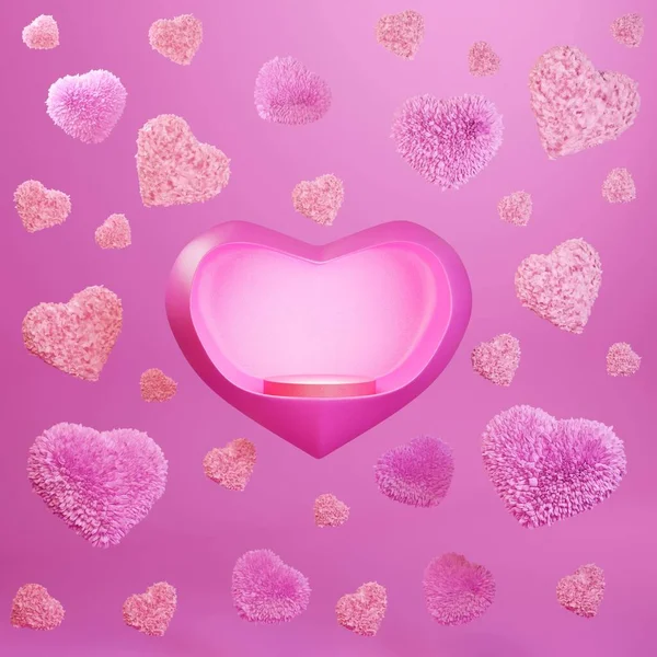 Pink stand in a shape of heart with free space for your product or text. Glamorous abstract pink background with fluffy hearts. Romantic Vaneltine's Day greeting card. Vibe of love. 3D rendering.