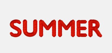 Kırmızı renkli yaz tabelası, modaya uygun parlak balonlar mağazalardaki reklam satışlarının metinleri, beyaz arka planda izole edilmiş pazarlama sembollerinin serin tasarımı, 3D görüntüleme