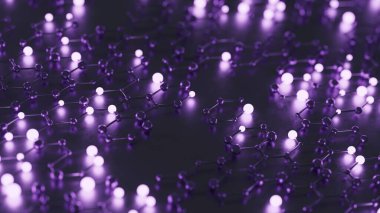 Soyut molekülün 3 boyutlu çizimi, mor ve siyah renklerde altıgen arkaplan. Moleküler yapı. Bilimin, tıbbın, kimyanın tıbbi konsepti. Işık toplu altıgen ızgara