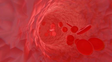 Damarlarda ve damarlarda kırmızı kan hücreleri. Kan hücreleri insan dolaşım sistemi. Gerçekçi tıbbi soyut arkaplan, 3 boyutlu canlandırma