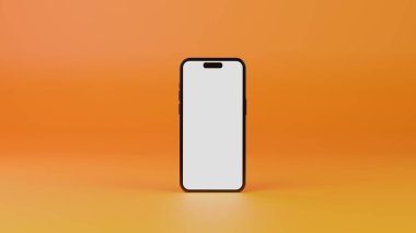 Turuncu arka planda beyaz ekranlı akıllı telefon. Parlak arka planda izole edilmiş bir cep telefonu ürünü. Yeni teknolojilerin reklamı ve pazarlaması, 3B yorumlama