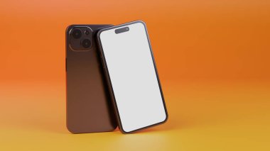 Sarı turuncu arka planda izole edilmiş gerçekçi akıllı telefon motifleri. Tasarımınız için kopyalama alanı olan renkli arkaplan üzerindeki cep telefonu ekranları, 3B görüntüleme