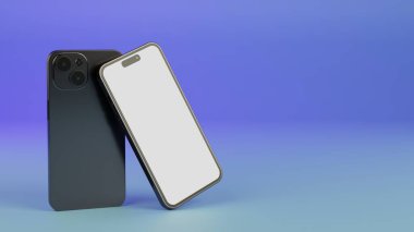 Gerçekçi akıllı telefon modelleri mavi gradyan arka planda izole edilmiş. Tasarımınız için kopyalama alanı olan renkli arkaplan üzerindeki cep telefonu ekranları, 3B görüntüleme