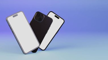 Gerçekçi akıllı telefon modelleri mavi gradyan arka planda izole edilmiş. Tasarımınız için kopyalama alanı olan renkli arkaplan üzerindeki cep telefonu ekranları, 3B görüntüleme