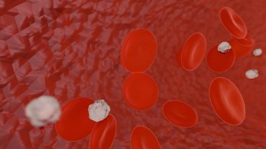Kırmızı tıbbi soyut arka plan. Damarlardaki kan hücreleri, 3 boyutlu görüntüleme