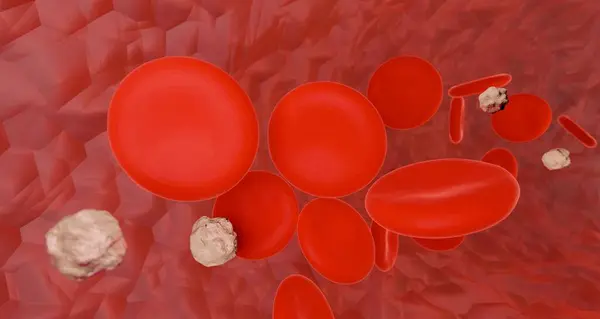 stock image Red medical abstract background. Blood cells in vessels, 3D rendering