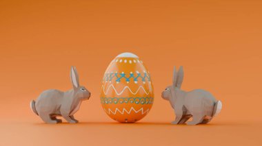 Low Poly Paskalya tavşanları ve yanmış turuncu arka planda büyük yumurtalı tebrik kartı. Paskalya tatili. 3B görüntüleme 