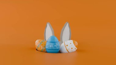 Turuncu arka planda Paskalya sembolü var. Alçak Polly tavşanı boyanmış yumurtalarla delikten dışarı bakıyor. Paskalya tebrik kartının 3B sunumu