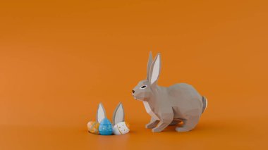 Paskalya yumurtalarıyla küçük tavşanlar delikten dışarı çıkıyor. Üç boyutlu portakal rengi minimalist Paskalya tebrik kartı. Kopya alanı olan turuncu paskalya arkaplanı