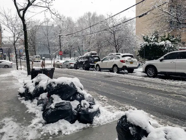 Bronx, New York - 13 Şubat 2024: Çöp torbaları kar düştükten sonra temizleme kamyonlarının toplanmasını bekliyor.