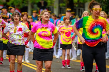 Portland, Oregon, USA - June 11, 2022: One More Time Around Again Marching Band in the Grand Floral Parade, during Portland Rose Festival 2022.