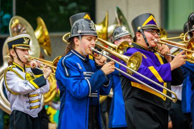 Portland, Oregon, USA - June 11, 2022: Vancouver School District Mega Band in the Grand Floral Parade, during Portland Rose Festival 2022.