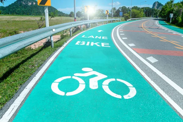 Bike lane with cycle route symbol on the floor. Green path between the garden.