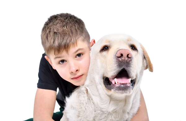 Retrato Bonito Menino Abraçando Labrador Cão Isolado Fundo Branco — Fotografia de Stock