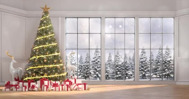 Versierde Kerstboom Met Stralende Lichtketting Veel Geschenken Huis Bij Daglicht — Stockvideo